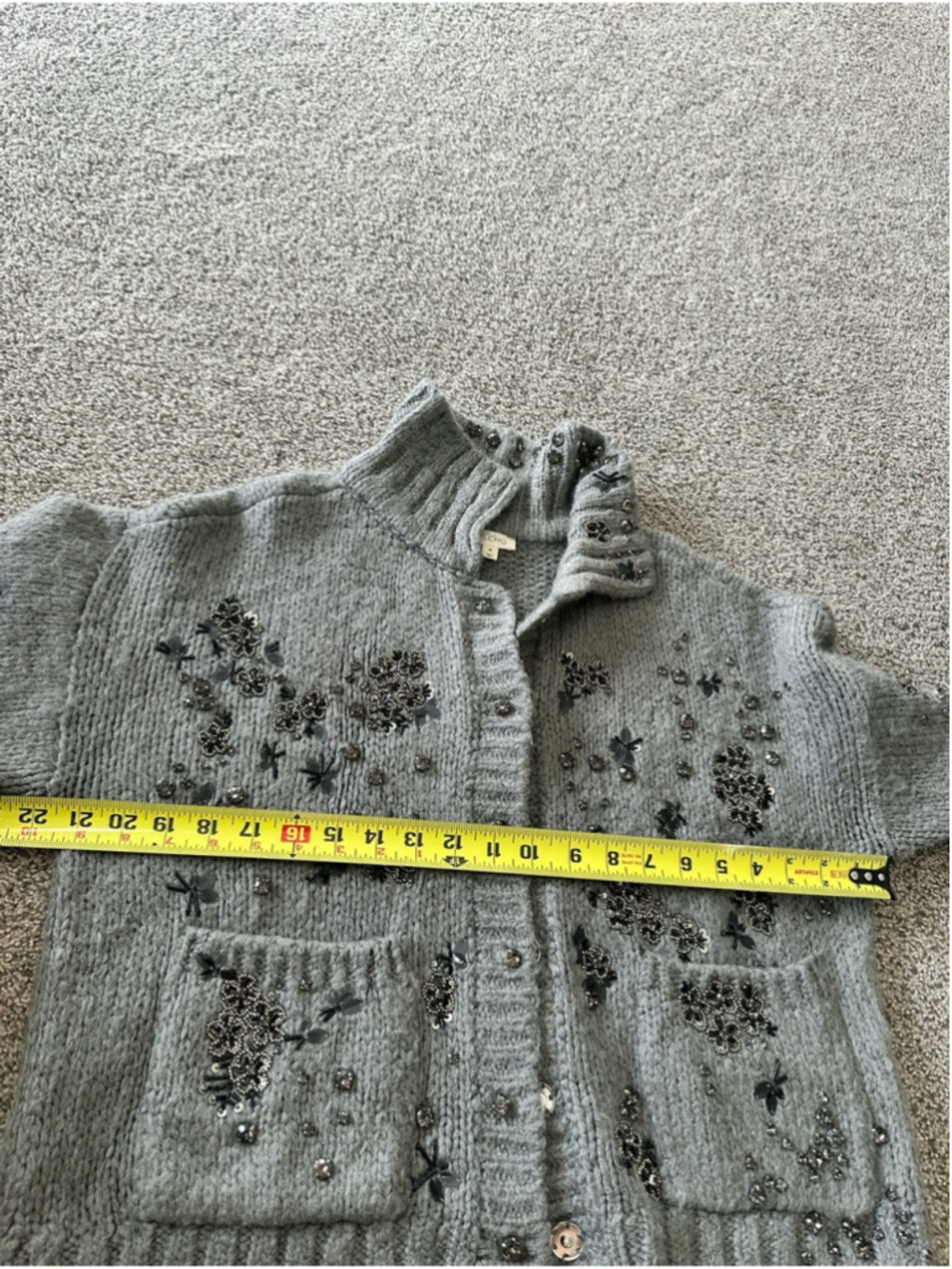 Pilcro Embellished Floral Collared Cardigan Sweater Grey Medium Anthropologie - Picture 10 of 14